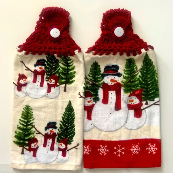 Hand Crafted Snowmen Crochet Top Hanging Kitchen Dish or Bathroom Hand Towels - Picture 3 of 10